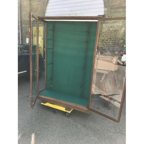 2 - VERY LARGE EARLY SHOP DISPLAY CABINET WITH 2 GLASS DOORS TO FRONT & GLASS SIDES, 5 X SHELVES - 130CM... 