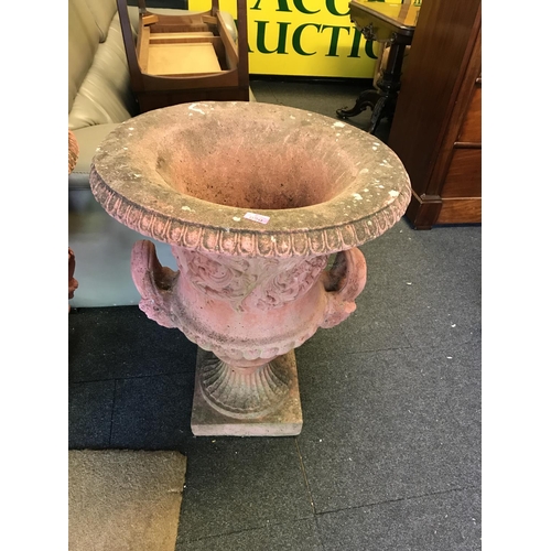 20 - VERY, VERY HEAVY LARGE EARLY TERRACOTTA GARDEN URN WITH ORNATE HANDLES TO SIDE - STANDS 80CMS H X 65... 