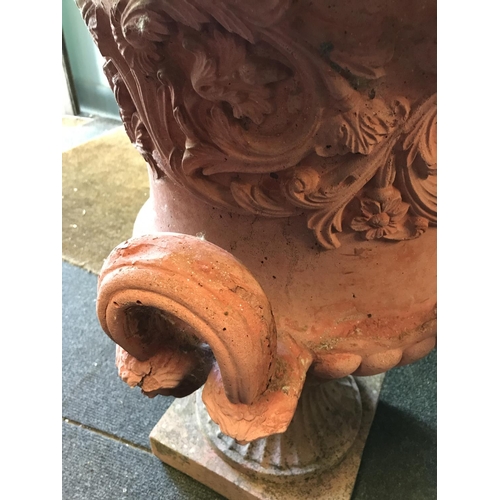 20 - VERY, VERY HEAVY LARGE EARLY TERRACOTTA GARDEN URN WITH ORNATE HANDLES TO SIDE - STANDS 80CMS H X 65... 