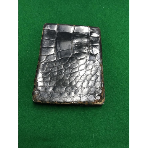 59 - VINTAGE CROCODILE SKIN WALLET WITH 4 SILVER CORNERS & CARTOUCHE SET TO MIDDLE - 10CMS X 14CMS