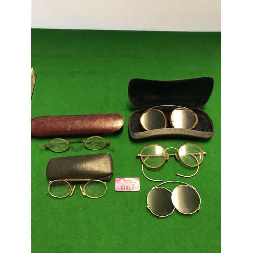 67 - 5 X PAIRS OF EARLY SPECTACLES & PINCE NEZ WITH 3 X CASES