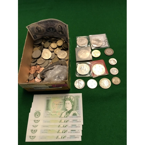 93 - QTY OF BRITISH & AMERICAN COINS INC SOME COMMEMORATIVE & SOME SILVER & 5 X £1.00 NOTES IN CONSECUTIV... 