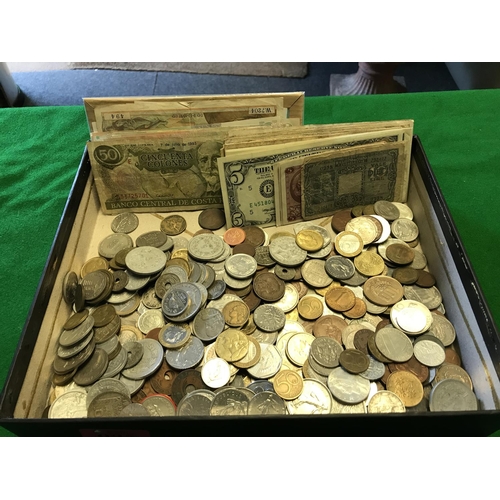 95 - VERY LARGE QTY OF FOREIGN BANK NOTES AND COINS INC AMERICAN, SPANISH, ETC, ETC,