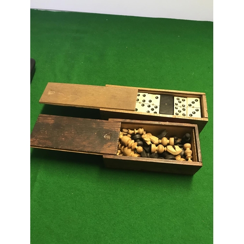 61 - VINTAGE WOODEN CASE OF BONE DOMINOES & VINTAGE WOODEN CASE OF WOODEN CHESS PEICES