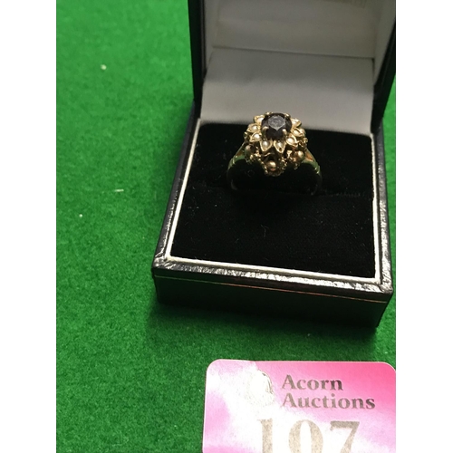 107 - 9CT GOLD RING SET SEED PEARS AND STONE - BOX FOR DISPLAY PURPOSE ONLY
