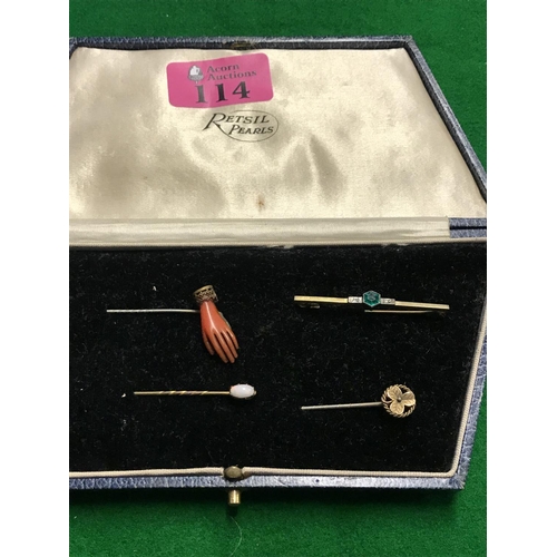 114 - 3 X BEAUTIFUL EARLY STICK PINS & 1 X 9CT GOLD BAR BROOCH SET STONES - BOX FOR DISPLAY PURPOSE ONLY