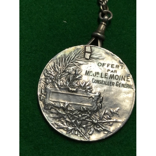 130 - FRENCH SILVER CIVIL MEDAL ON METAL OR POSSIBLE SILVER CHAIN WITH TASSELS & BAR  - WEIGHT OF MEDAL WI... 