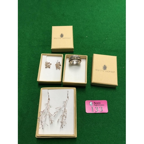 133 - 2 X BOXED PAIRS OF SILVER EARINGS & SILVER RING - ALL BY DESIGNER MARTHA JACKSON