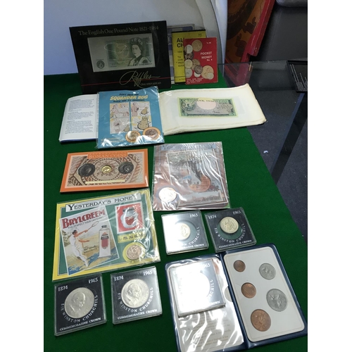 144 - QTY OF MIXED COMMEMORATIVE BRITISH & FOREIGN COINS, NOTES & TOKENS INC 130GRMS OF SILVER COINS