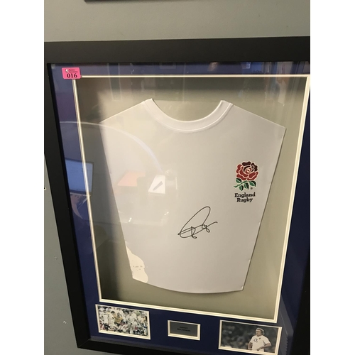 16 - FRAMED & GLAZED JOHNNY WILKINSON SIGNED RUGBY SHIRT - CERTIFICATE OF AUTHENTICITY ON THE REVERSE - 6... 