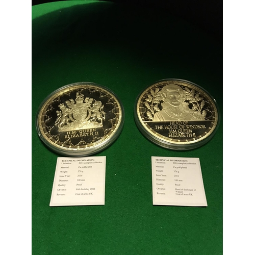 162 - 2 X LARGE COMMEMORATIVE PROOF COINS - DATED 2016 - 11CMS DIAM