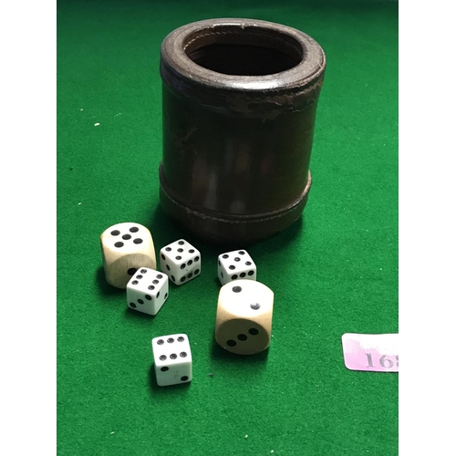 168 - VINTAGE LEATHER DICE SHAKER WITH 6 DICE  - 10CMS H