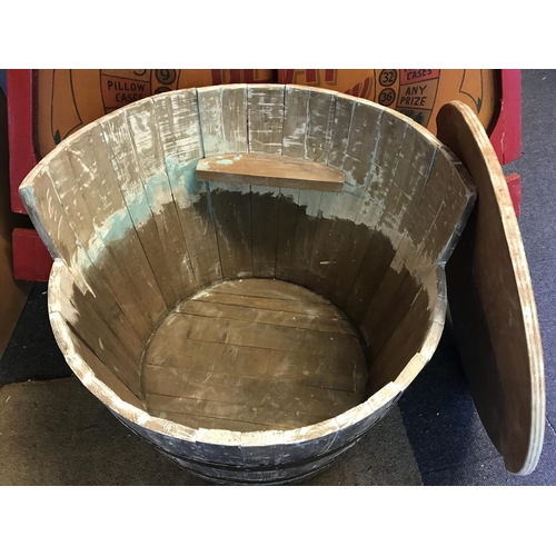 19 - LOVELY WOODEN SEAT MADE FROM A BARREL  - LID COMES OFF FOR STORAGE - DIAM 70CMS X OVERALL H 60CMS - ... 