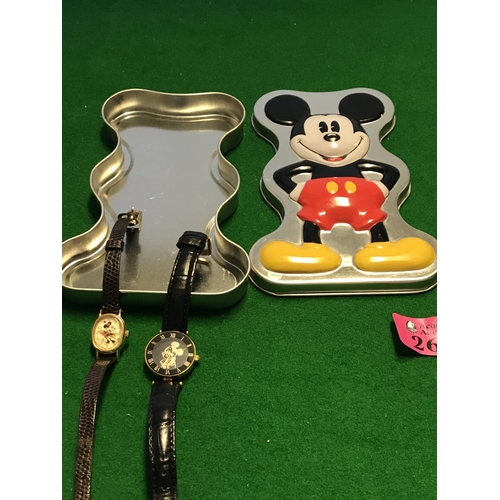 263 - METAL DISNEY MICKEY MOUSE TIN WITH 2 X DISNEY WATCHE - 1 X LORUS DEPICTING MINNIE MOUSE TO FACE