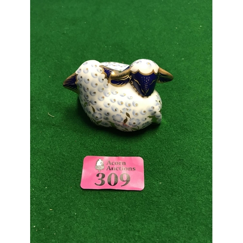 309 - BEAUTIFUL ROYAL CROWN DERBY TWIN LAMBS PAPERWEIGHT WITH GOLD BUTTON - 4CMS H - GREAT CONDITION