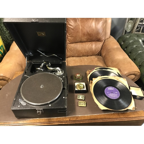 48 - LOVELY VINTAGE HMV GRAMMAPHONE WITH RECORDS & ACCESSORIES - CASED SIZE 30CMS X 40CMS X 18CMS