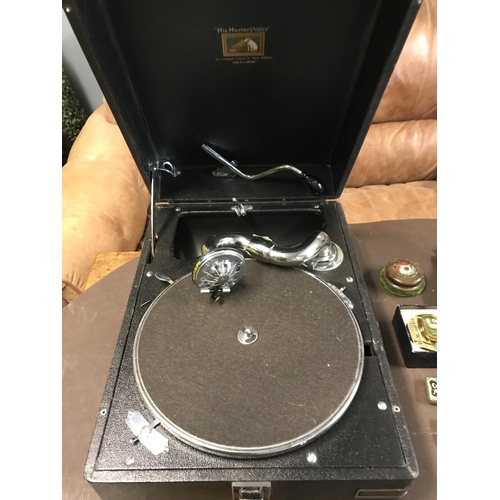 48 - LOVELY VINTAGE HMV GRAMMAPHONE WITH RECORDS & ACCESSORIES - CASED SIZE 30CMS X 40CMS X 18CMS