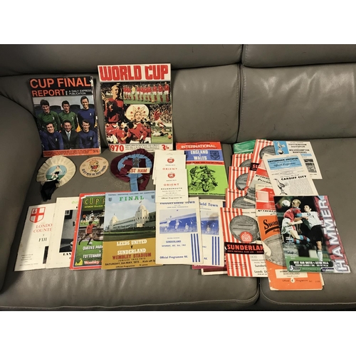 52 - QTY OF VINTAGE 1960S & 70S FOOTBALL PROGRAMMES ETC INC 1966 WORLD CUP ITEMS, ENGLAND ROSETTE ETC