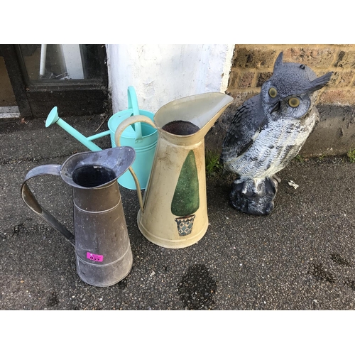59 - 2 X LOVELY METAL JUGS, METAL WATERING CAN & LARGE PLASTIC OWL - GREAT FOR THE GARDEN