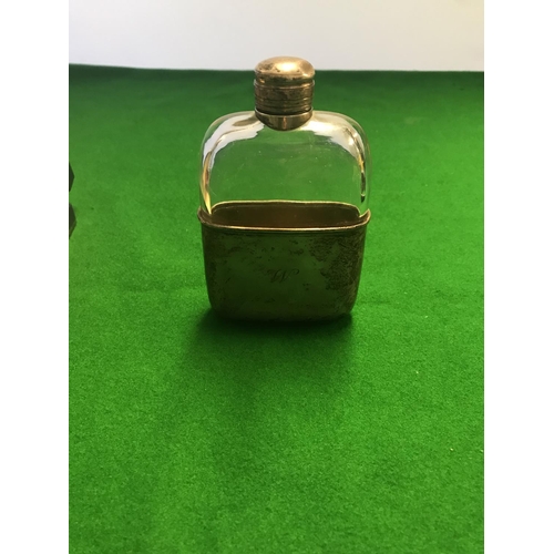 95 - LOVELY EARLY GLASS & SILVER HALLMARKED HIP FLASK - TOP IS SILVER HALLMARKED & BOTTOM - 12CMS H X 8CM... 