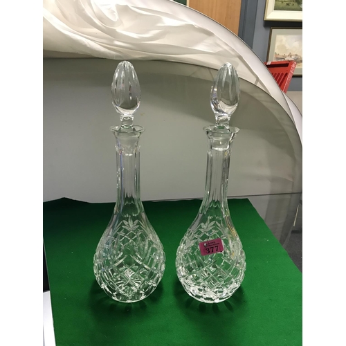 377 - PAIR OF BEAUTIFUL GLASS DECANTERS - DAMAGE TO 1 STOPPER ON TOP