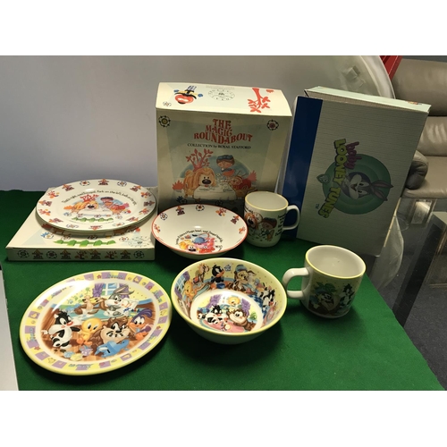 409 - BOXED MAGIC ROUNDABOUT NURSERY SET, BOXED MAGIC ROUNDABOUT PLATE & BABY LOONEY TUNES BREAKFAST SET