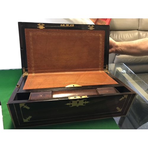 521 - BEAUTIFUL EARLY LARGE WRITING BOX WITH LEATHER INSIDE AND BRASS DETAIL - 50CMS X 26CMS X 19CMS H