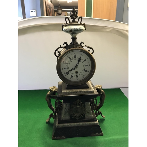 575 - ORNATE VERY HEAVY SLATE, MARBLE & BRASS CLOCK WITH BRASS MERMAID DETAIL TO SIDES - 42CMS H - CLOCKS ... 