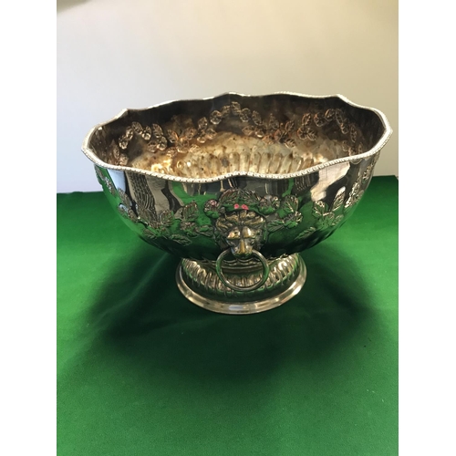 581 - VERY LARGE SILVER ON COPPER CHAPAGNE COOLER WITH 2 LION HEAD HANDLES - 20CMS H X 32CMS DIAM