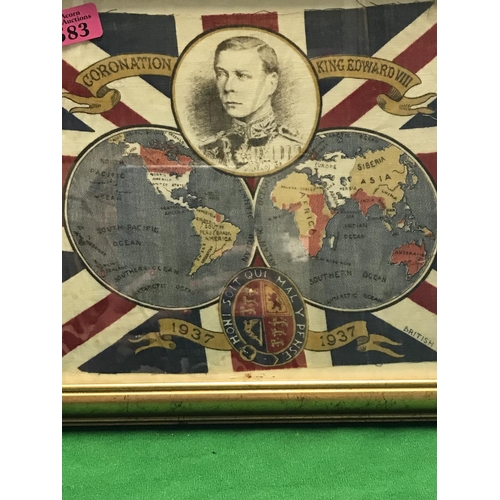 583 - FRAMED & GLAZED ORIGINAL KING EDWARD V111 CORONATION FLAG FOR 1937 - 35CMS X 32CMS