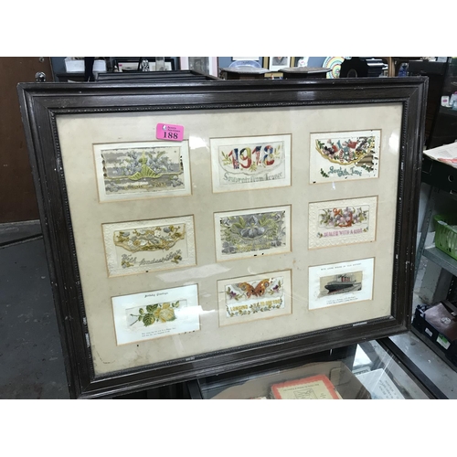 188 - 2 X FRAMED & GLAZED PICTURES OF WW1 SILK CARDS - 62CMS X 47CMS - COLLECTION ONLY OR ARRANGE OWN COUR... 