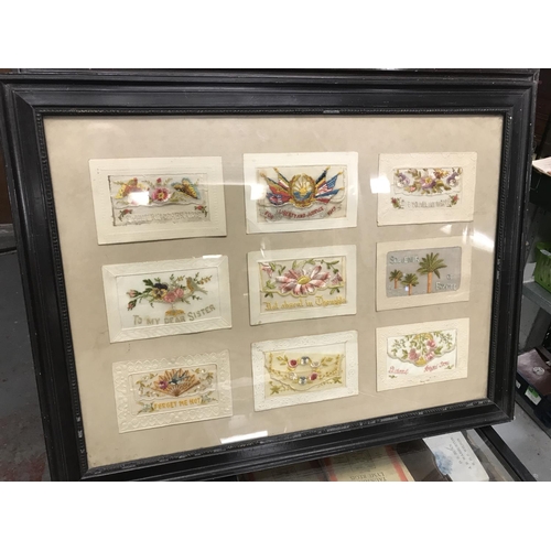 188 - 2 X FRAMED & GLAZED PICTURES OF WW1 SILK CARDS - 62CMS X 47CMS - COLLECTION ONLY OR ARRANGE OWN COUR... 