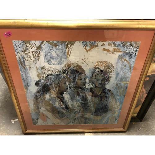 466 - LARGE FRAMED & GLAZED ASIAN ART PICTURE 86CMS X 86CMS - COLLECTION ONLY OR ARRANGE OWN COURIER