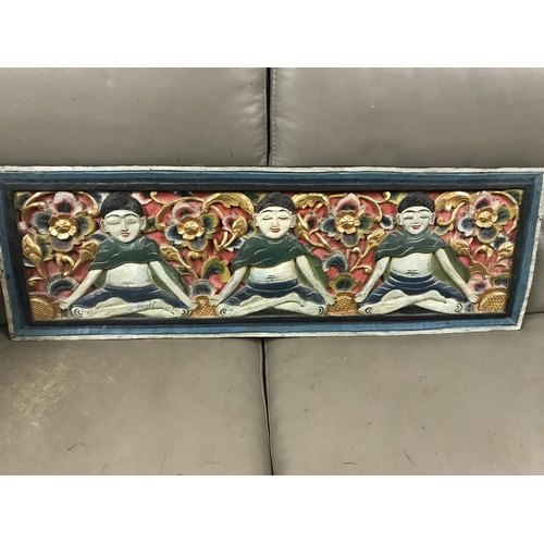 633 - HAND CARVED & PAINTED HEAVY WOODEN ASIAN PLAQUE - 100 X 35CMS