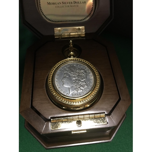 646 - COLLECTORS SILVER DOLLAR POCKET WATCH IN DISPLAY CASE - 12CMS WATCHES & CLOCKS ARE NOT TESTED