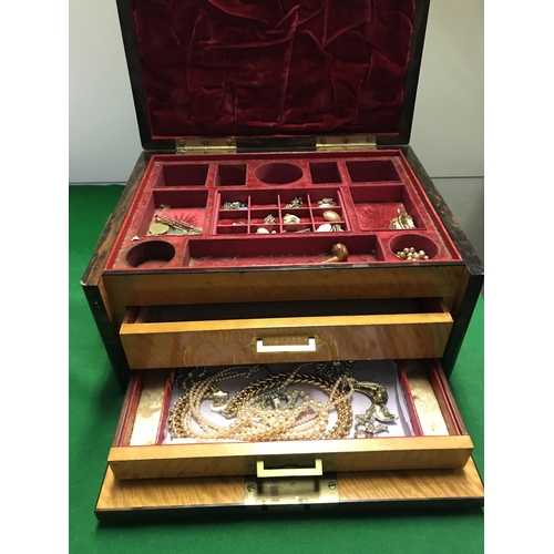 659 - BEAUTIFUL 1810 - 1840 ROSEWOOD & BRASS JEWELLERY BOX WITH SOME JEWELLERY INSIDE - 33CMS X 26CMS X 19... 