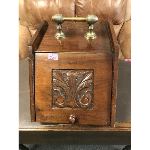 724 - LOVELY EARLY WOODEN COAL BOX WITH BRASS HANDLE AND DECORATIVE CARVED WOOD DETAIL TO FRONT