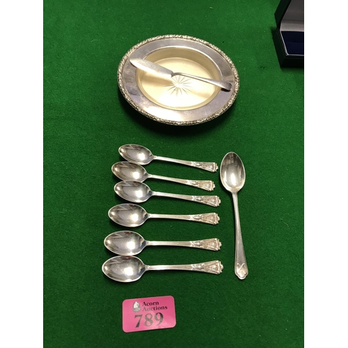 789 - PLATED BUTTER DISH & SPOON & 7 X SILVER SPOONS - WEIGHT OF 7 SILVER SPOONS = 62 grms