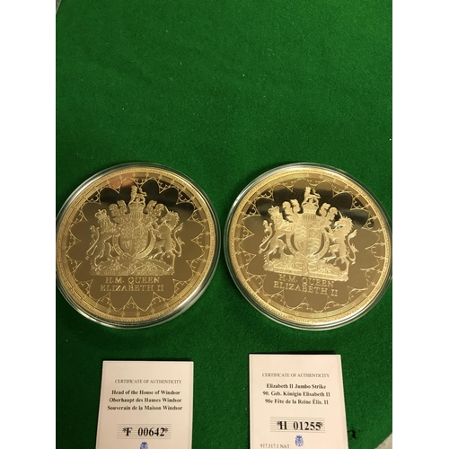 136 - VERY LARGE GOLD PLATED COMMEMORATIVE COINS WITH CERTS - 10CMS DIAM