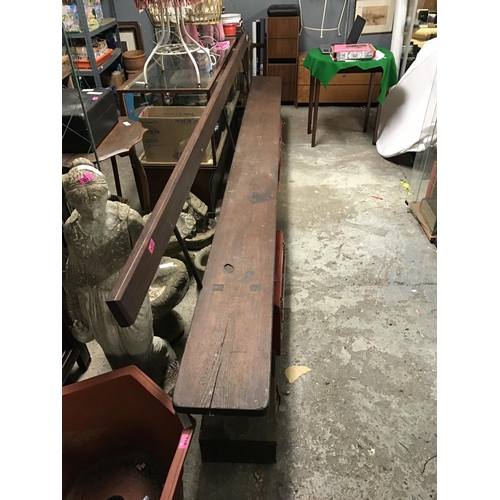 17 - VERY LARGE WOOD AND METAL BENCH 12FT LONG X 34 INCHES OVERALL HIGH X 11 INCHES D - COLLECTION ONLY O... 