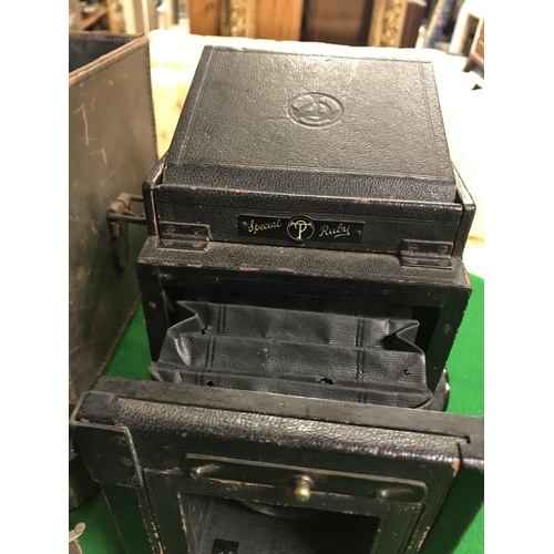 183 - LOVELY EARLY SPECIAL RUBY THORNTON PICKARD CAMERA WITH NUMBERED PLATES, LENSES ETC