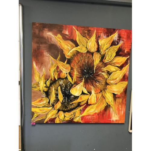 3 - LARGE MODERN OIL ON CANVAS OF SUNFLOWERS BY CAITLIN JONES - 100CMS X 100CMS - COLLECTION ONLY OR ARR... 