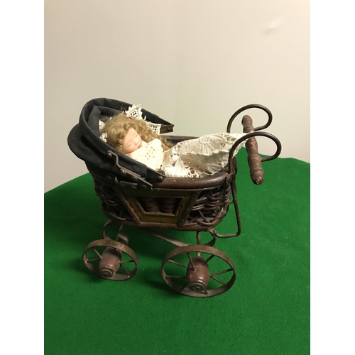 308 - LOVELY MINIATURE VINTAGE STYLE DOLLS PRAM & DOLL - PRAM HEIGHT 22CMS