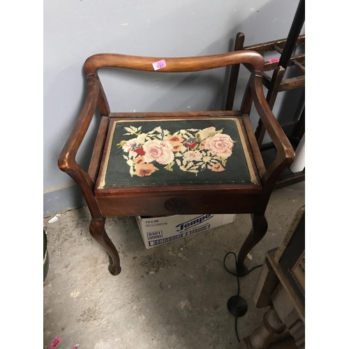 37 - LOVELY VINTAGE PIANO STOOL WITH TAPESTRY SEAT  WHICH OPENS FOR STORAGE & - COLLECTION ONLY