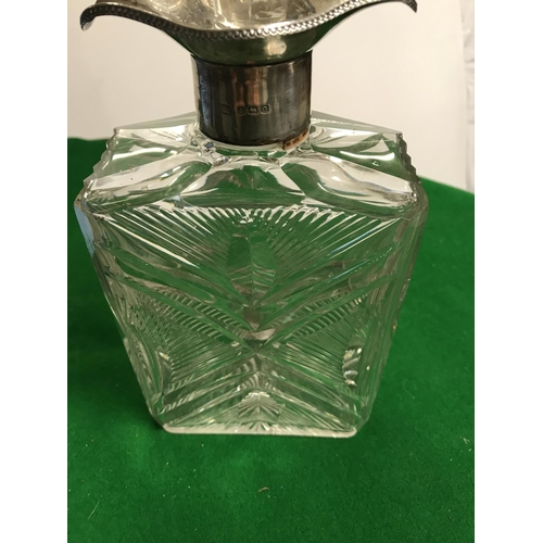 456 - LOVELY CUT GLASS DECANTER WITH SILVER HALLMARKED COLLAR