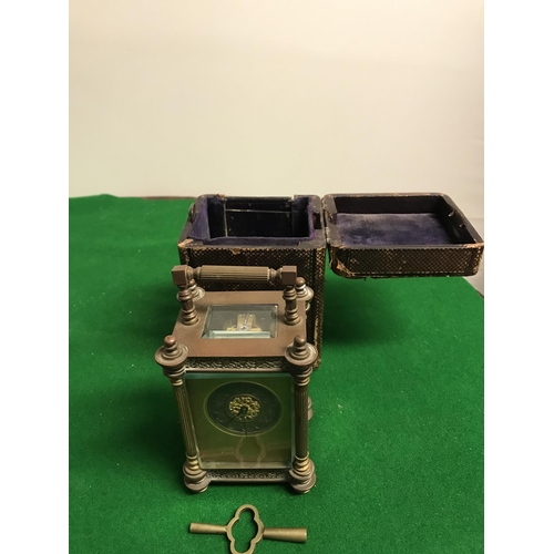 461 - EARLY CASED BRASS CARRIAGE CLOCK WITH KEY & VIEWING PANEL - 14CMS H - CLOCKS AND WATCHES ARE NOT TES... 