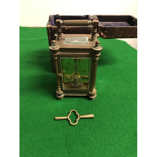 461 - EARLY CASED BRASS CARRIAGE CLOCK WITH KEY & VIEWING PANEL - 14CMS H - CLOCKS AND WATCHES ARE NOT TES... 