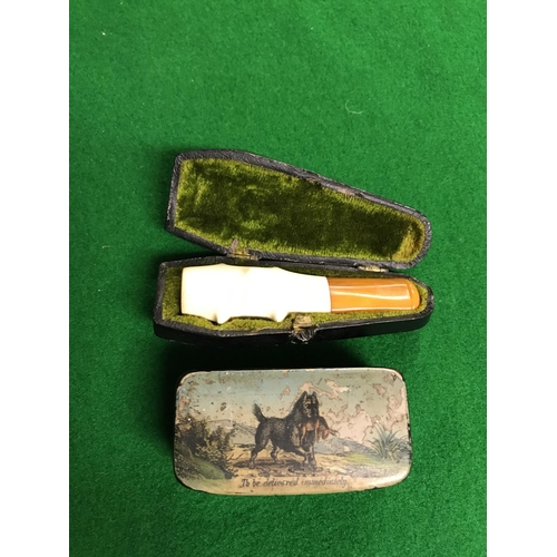 47 - SMALL CASED VINTAGE MEERSCHAM PIPE & VINTAGE SNUFF BOX - SIGNS OF WEAR TO BOX