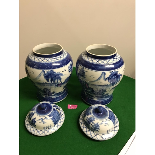 472 - PAIR OF LARGE BLUE & WHITE ANTIQUE CHINESE GINGER JARS DEPICTING VILLAGE & MOUNTAIN SCENE - 30CMS H