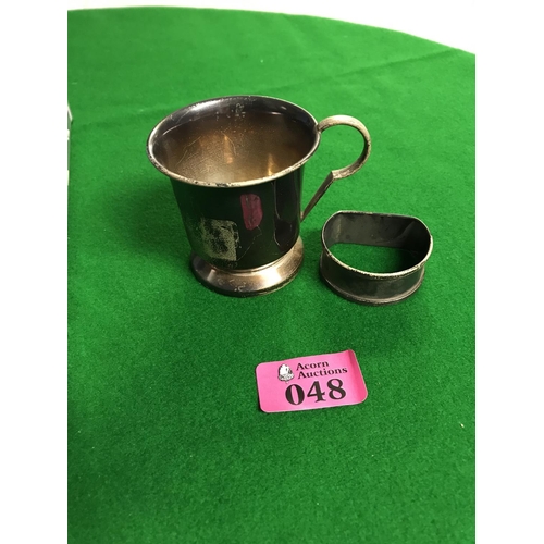 48 - SMALL SILVER HALLMARKED CUP & NAPKING RING - 64GRMS - NAMED TO FRONT & DATE DEC 1962